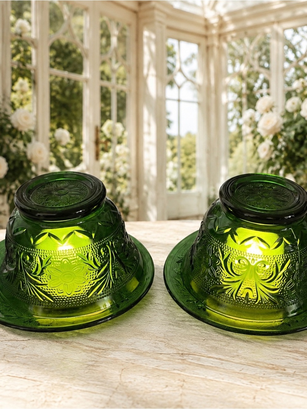 Pair Vintage Anchor Hocking Green Sandwich Glass Fairy Lamps